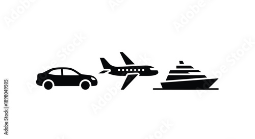 Simple icons depicting a car airplane and boat in black silhouette