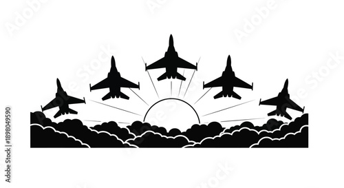Silhouette of fighter jets flying above clouds with a rising sun