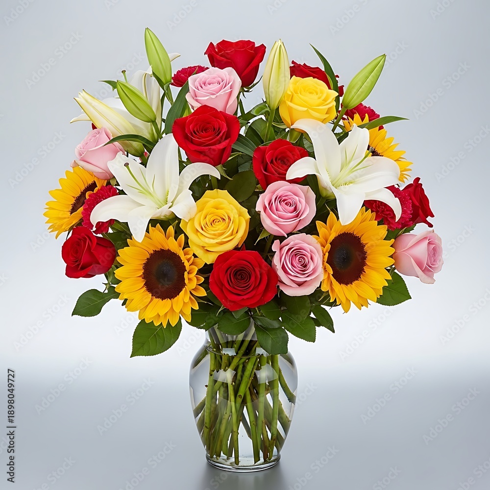 Obraz premium Colorful Bouquet of Roses Sunflowers Lilies in Glass Vase on Table