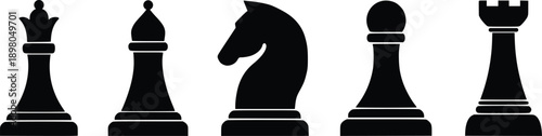 Chess Pieces Silhouette Icon Set, King Queen Knight Bishop Pawn and Rook Strategy Game Vector Illustration