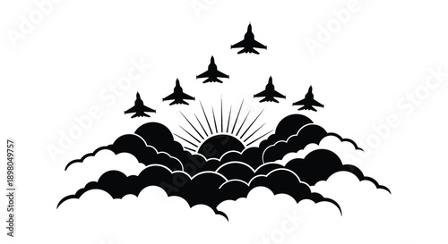 Black silhouette of fighter jets flying above clouds and a sunburst