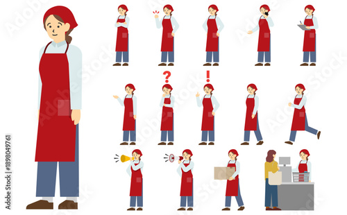 フラットイラスト：赤いエプロンを着たスーパー店員セット(表情あり)