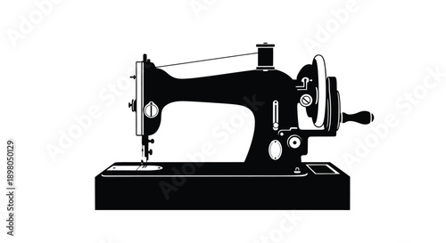 A vintage black silhouette of a classic sewing machine on white