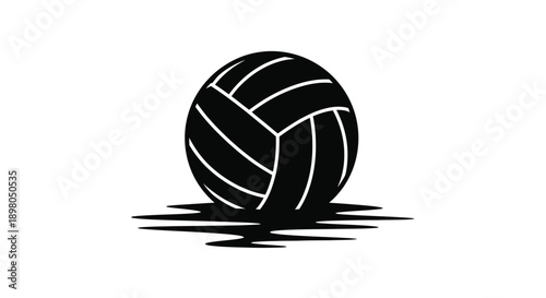 A black and white illustration depicts a volleyball with a shadow