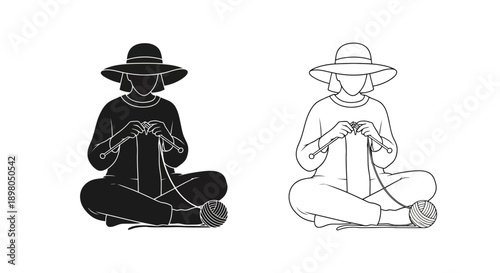 Two versions of a woman seated and knitting with a ball of yarn