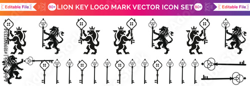 Lion Key Logo Design Illustration. Silhouette of a Royal Lion Holding a Key. Elegant Gold Property Key Symbol. Elegant Gold Leo Line Icon. Luxurious Vintage Royal Coat of Arms.