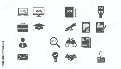 A collection of job search icons including a computer, briefcase, graduation cap, and light bulb on a white background