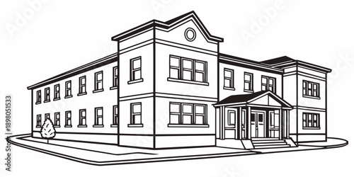 A large, multi-story school building with a central entrance, viewed from the front, in a simple illustration style.