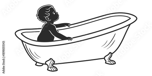 A child bathing in a vintage bathtub illustration from a side view