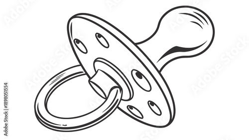 A black and white illustration of a baby pacifier with a ring attached, viewed from the side.