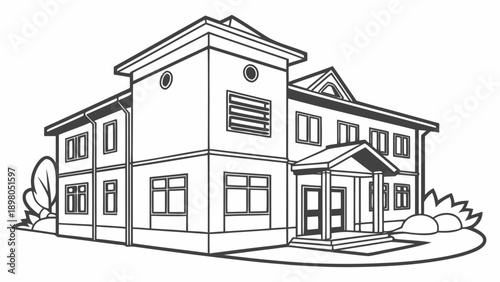 A large house with multiple windows and a prominent entrance is illustrated in a simple line drawing style from a three-quarter view.