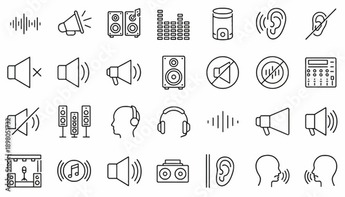 The kfkd illustration depicts various audio icons and symbols arranged neatly on a plain surface for use in a digital design project.