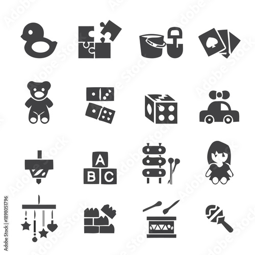 Various toys and objects for children's play and learning are displayed