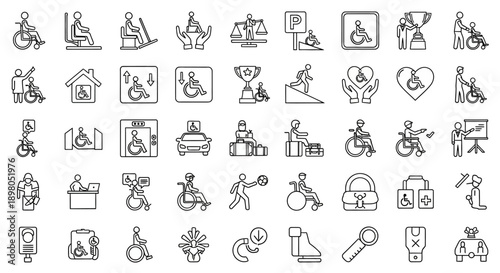 Disability awareness symbols and icons illustrate various accessibility themes and kfkd concepts.