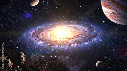 Vibrant with swirling stars, planets, and cosmic dust creating a breathtaking celestial scene.