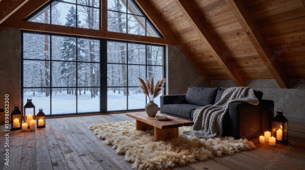 Naklejka premium Cozy Winter Cabin Interior with Fireplace, Large Window View, and Natural Wooden Architecture