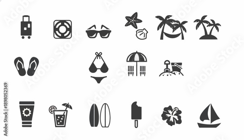Black icons of summer vacation items on a white background including sunglasses and surfboards