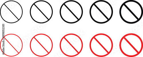 Prohibited Sign Icons Set, No Entry and Forbidden Symbol Collection, Black and Red Circle Slash Warning Signs Editable Vector