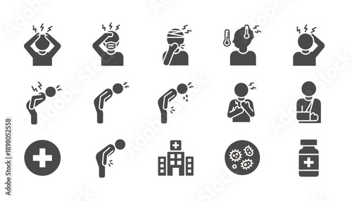 Medical kfkd concept icons show various health symptoms and treatment
