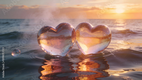 Heart-shaped balloons floating above a calm sea with reflections in the water, light haze on the horizon and warm sunrise light. Romantic mood, cinematic lighting, photorealistic render with depth.