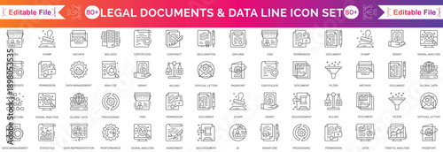 Legal and Documents, Data and compliance icon set. Law, audit, data privacy, policy governance, regulatory, regulations icons. Thin line editable stroke vector illustrations.