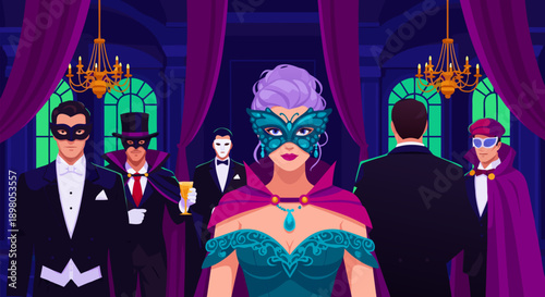 A captivating vector illustration of a grand masquerade ball, depicting elegantly masked guests enjoying a luxurious and mysterious evening party