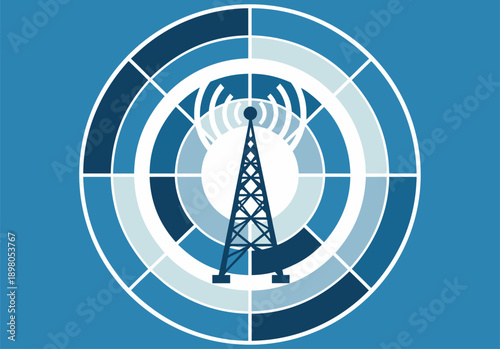 Digital vector illustration of a radio tower transmitting wireless signals within a circular target grid, representing telecommunication networks and global connectivity