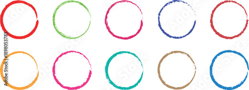 Colorful Hand Drawn Circular Brush Stroke Frames Set, Round Paint Ring Borders Collection, Editable Vector Illustration