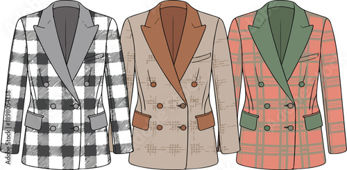 Plaid Double-Breasted Blazer Vector Illustration – Contrast Lapel Suit Jackets