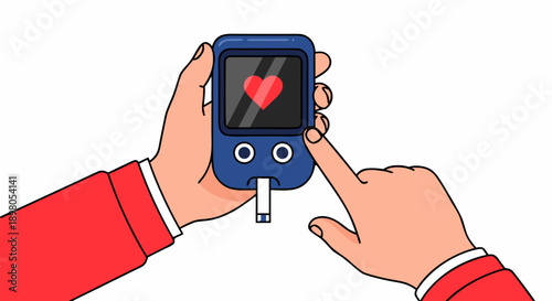 Hands using a blood glucose meter with a heart icon displayed on the screen. Diabetes management and regular health monitoring vector illustration