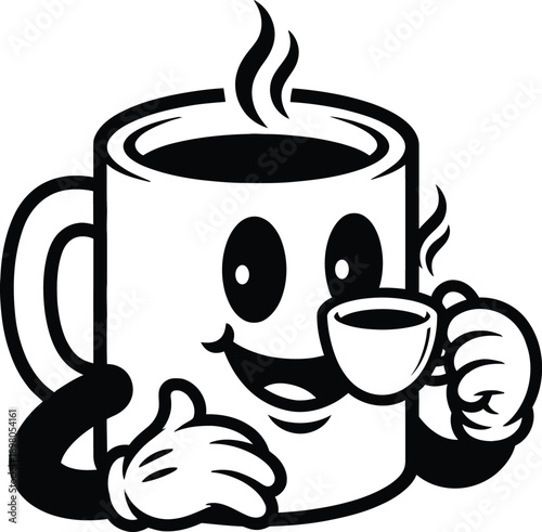 Retro vintage rubber hose cartoon style coffee mug character smiling and holding a steaming small cup, black and white vector line art illustration.