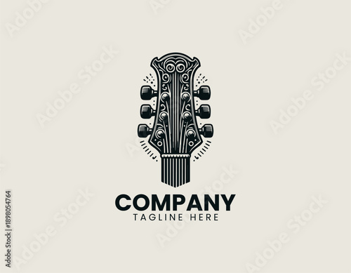 Guitar headstock logo with detailed tuning pegs in clean modern vector illustration style