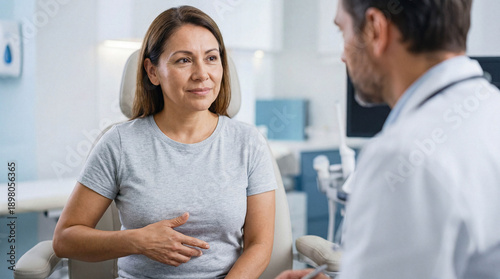 Middle-aged Hispanic woman touching abdomen during medical consultation in clinic office