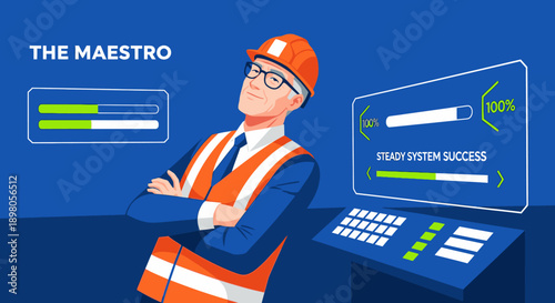 A confident senior engineer or project manager, "The Maestro," oversees successful system progress and operational efficiency with expertise.