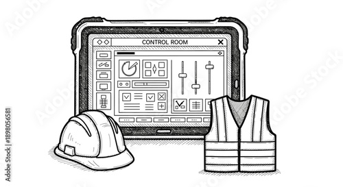 Line art of a rugged industrial tablet with a control room interface, hard hat, and safety vest, symbolizing modern operational management.