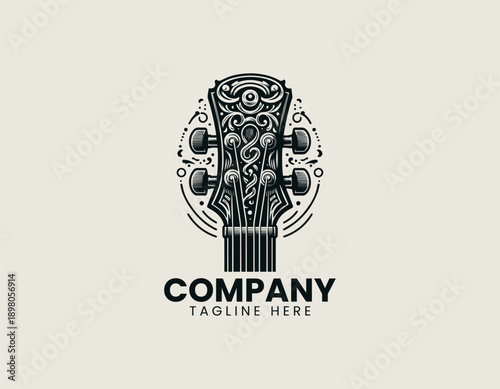 Guitar headstock logo with detailed tuning pegs in clean modern vector illustration style