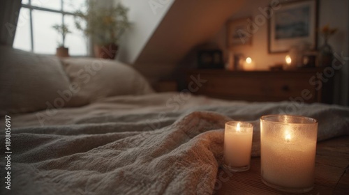 Cozy bedroom with a bed in the background. the bed has a beige blanket and two white pillows. on the right side of the bed, there is a wooden nightstand with a few candles on it.