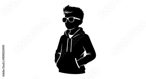 A black silhouette of a young man wearing sunglasses and a hoodie
