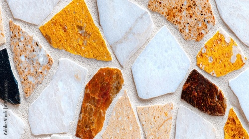Colorful stone tiles arranged in a pattern on a flat surface