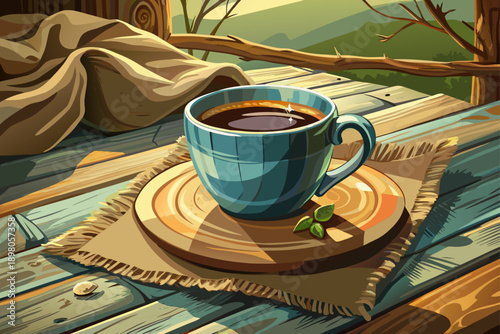 Rustic ceramic cup filled with coffee or tea on burlap coaster resting on weathered wooden table warm cozy morning atmosphere natural light lifestyle scene
