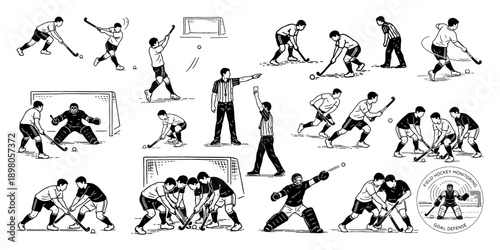 フィールドホッケーの基本動作と人物ポーズ 線画イラスト集、Field Hockey Basic Movements and Player Poses Line Illustration Set