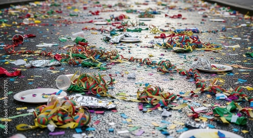 A messy street scene with colorful confetti and party decorations scattered all over the wet pavement after a celebration