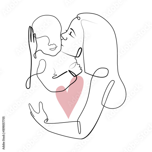 Vector one line art set of illustrations of a new born baby and mother holding a new born baby with pink heart. Lineart family portret