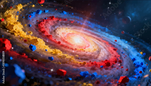 A vector illustration of the effects of a swirl of multicolored particles, resembling the birth of a star with epic glow and depth.
