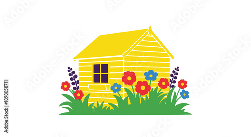 A bright yellow shed surrounded by colorful wildflowers and green foliage