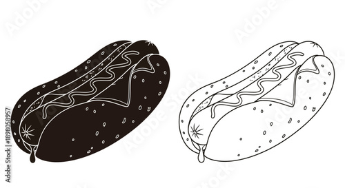 Two hot dog illustrations one filled one outlined in black and white