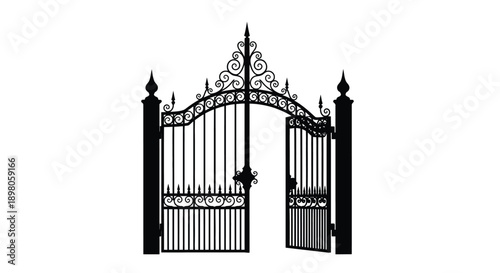 An open wrought iron gate with ornate detailing against a white background