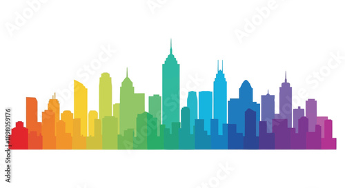 Colorful skyline silhouette of a city with varied building heights