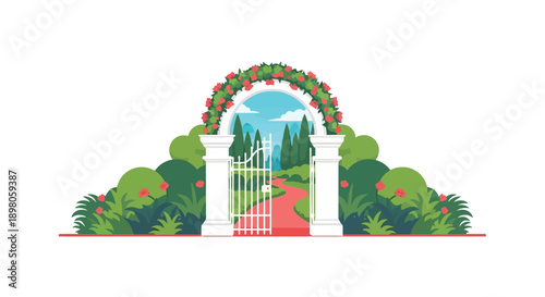 A charming garden archway leads to a picturesque landscape scene