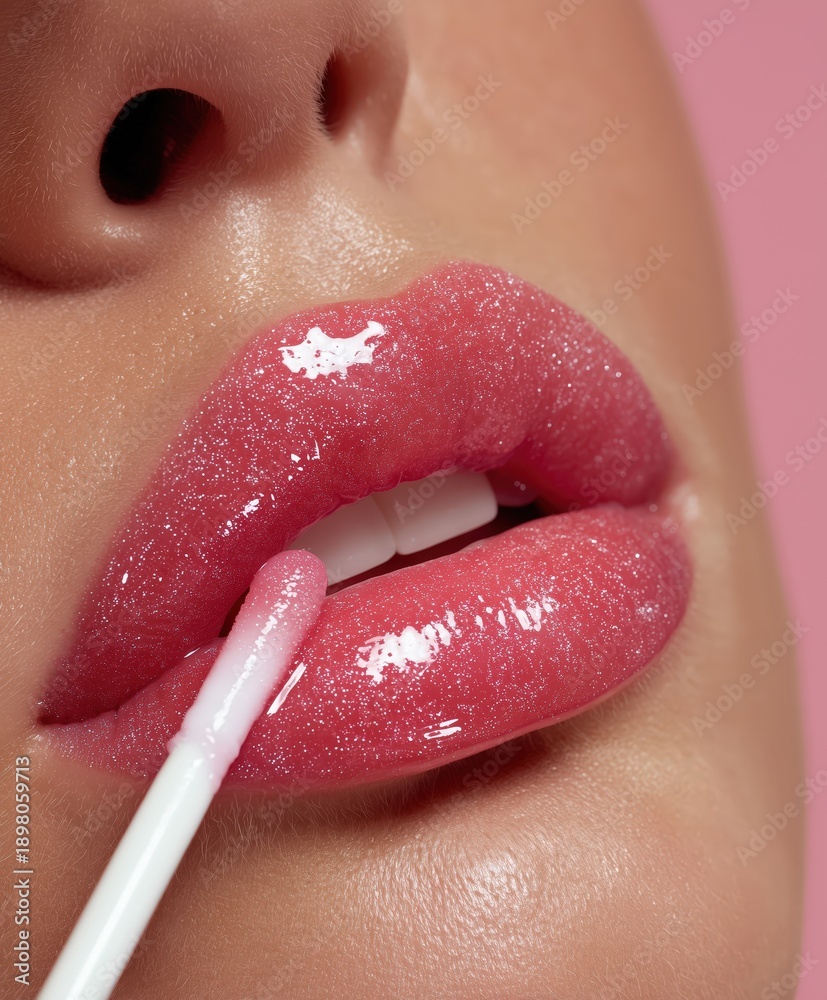 Naklejka premium Woman applying pink lip gloss, close up of glossy lips, sparkling finish, beauty application, and cosmetic routine